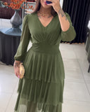 V Neck Long Sleeve Mesh Patchwork Casual Cinch Layered Mid Calf Dress