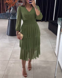 V Neck Long Sleeve Mesh Patchwork Casual Cinch Layered Mid Calf Dress