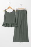 Duffel Green Solid Color Ribbed Ruffle Tank Top and Pants Set