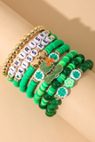 Green St Patricks Shamrock Letter Beaded Multi Layer Bracelet Set