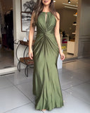 Satin Sleeveless Hollow out Twist Front Evening Dress Tied Detail Backless Zipper Back Mermaid Hem Dress
