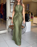 Satin Sleeveless Hollow out Twist Front Evening Dress Tied Detail Backless Zipper Back Mermaid Hem Dress