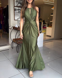 Satin Sleeveless Hollow out Twist Front Evening Dress Tied Detail Backless Zipper Back Mermaid Hem Dress