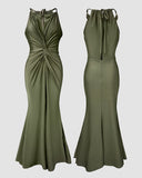 Satin Sleeveless Hollow out Twist Front Evening Dress Tied Detail Backless Zipper Back Mermaid Hem Dress