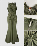 Satin Sleeveless Hollow out Twist Front Evening Dress Tied Detail Backless Zipper Back Mermaid Hem Dress