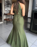 Satin Sleeveless Hollow out Twist Front Evening Dress Tied Detail Backless Zipper Back Mermaid Hem Dress