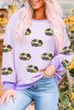 Purple Stripe Sequin Doughnut Graphic Long Sleeve Mardi Gras Top