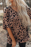 Brown Leopard Print V Neck Half Sleeve Oversized Tee