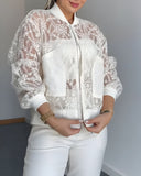 Floral Lace Embroidered Mesh Patchwork High Low Hem Baseball Coat Casual Side Slit Zip Up Bomber Jacket