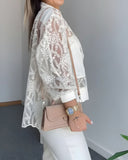 Floral Lace Embroidered Mesh Patchwork High Low Hem Baseball Coat Casual Side Slit Zip Up Bomber Jacket
