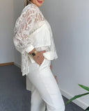 Floral Lace Embroidered Mesh Patchwork High Low Hem Baseball Coat Casual Side Slit Zip Up Bomber Jacket