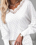 V Neck Batwing Sleeve Casual Contrast Lace Knit Jacquard Top