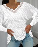 V Neck Batwing Sleeve Casual Contrast Lace Knit Jacquard Top