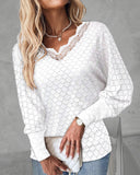 V Neck Batwing Sleeve Casual Contrast Lace Knit Jacquard Top