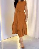 Round Neck Sleeveless Tied Detail Ruffles Mid Calf Dress