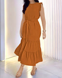 Round Neck Sleeveless Tied Detail Ruffles Mid Calf Dress