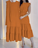 Round Neck Sleeveless Tied Detail Ruffles Mid Calf Dress