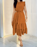 Round Neck Sleeveless Tied Detail Ruffles Mid Calf Dress
