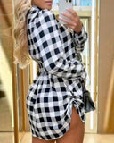 Plaid Print Buttoned Side Drawstring Shirt Dress