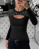 Pearls Decor Front Hollow out Long Sleeve Top Slim Fit Ribbed Layering Top