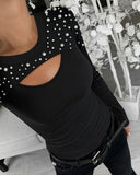 Pearls Decor Front Hollow out Long Sleeve Top Slim Fit Ribbed Layering Top