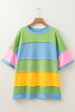 Light Blue Color Block Exposed Seam Patchwork Plus Size T Shirt