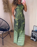 Floral Print U Neck Sleeveless Zipper Jumpsuit with Pocket