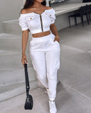 Off Shoulder Zipper Design Top & Cuffed Pants Set