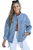 Sky Blue Roll-Up Tab Sleeve Button Down Pocket Denim Jacket