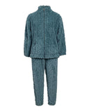 2PCS Jacquard Textured Stand Collar Zip Up Fuzzy Teddy Top & Pants Set