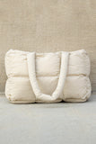 White Solid Quilted Puffy Zipped Large Tote Bag