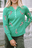 Green Christmas Candy Cane Patched Half Button Waffle Knit Top