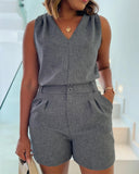 2 Pieces Summer Outfits V Neck Sleeveless Ruched Tank and Casual Pocket Design Shorts Set