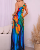 Tie Dye Print One Shoulder Bodycon Slit Dress Sexy Slim Fit Maxi Dress With Pockets