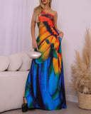 Tie Dye Print One Shoulder Bodycon Slit Dress Sexy Slim Fit Maxi Dress With Pockets