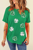 Bright Green St Patricks Sequined Clover Pattern T Shirt