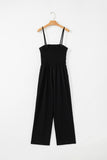 Black Spaghetti Straps Shirred Bodice Pocketed Wide Leg Jumpsuit