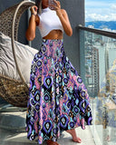 Coconut Tree Print Shirred Wide Leg Pants