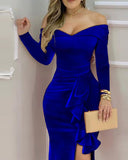 Off Shoulder Velvet Ruffles High Slit Evening Dress