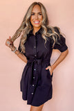 Black Button Up Tie Waist Puff Sleeve Mini Dress