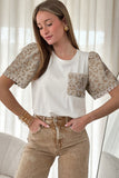 White Leopard Patchwork Crochet Lace Trim Puff Sleeve T Shirt