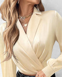 Ruched Notched Collar Overlap Satin Top