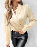 Ruched Notched Collar Overlap Satin Top