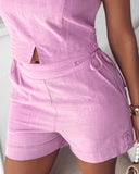 2 Pieces Summer Outfit Halter Sleeveless Hollow out Crop Tank and Casual Drastring Shorts Set