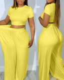 2 Piece Outfits Short Sleeve Crop Top and Strechy Waisted Ruched Wide Leg Casual Long Pants Sets