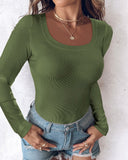 U Neck Long Sleeve Built In Bra Shirt Casual Seamless Slim Fit Top