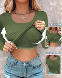 U Neck Long Sleeve Built In Bra Shirt Casual Seamless Slim Fit Top