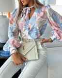Plants Print Tie Neck Lantern Sleeve Top