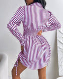 Striped Side Drawstring Buttoned Shirt Dress