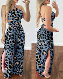 Leopard Print Halter Sleeveless Jumpsuit Casual Backless Loose Fit Slit Rompers